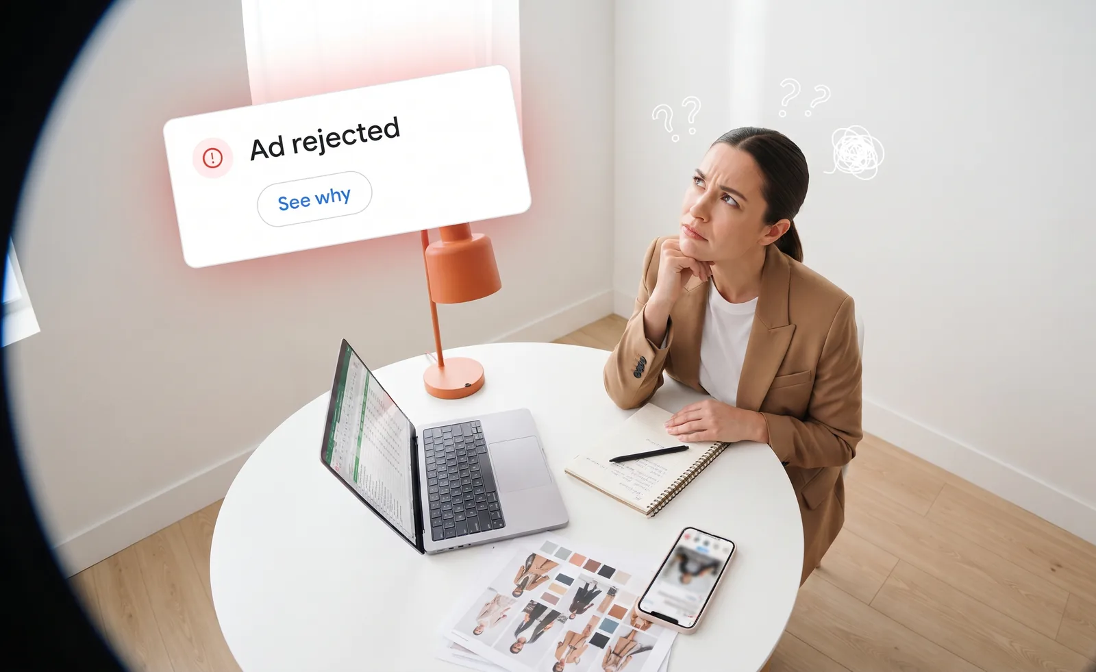 A brand marketer at her desk looks up at an ad-rejected notice with no reason attached.