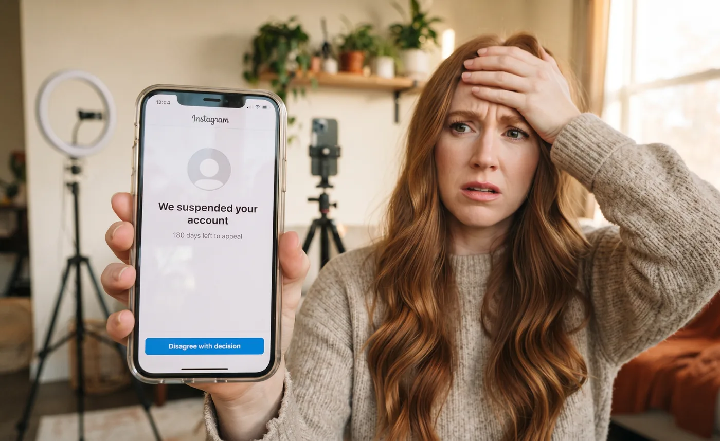 A creator holds up her phone showing an Instagram notice that her account has been suspended with 180 days left to appeal.