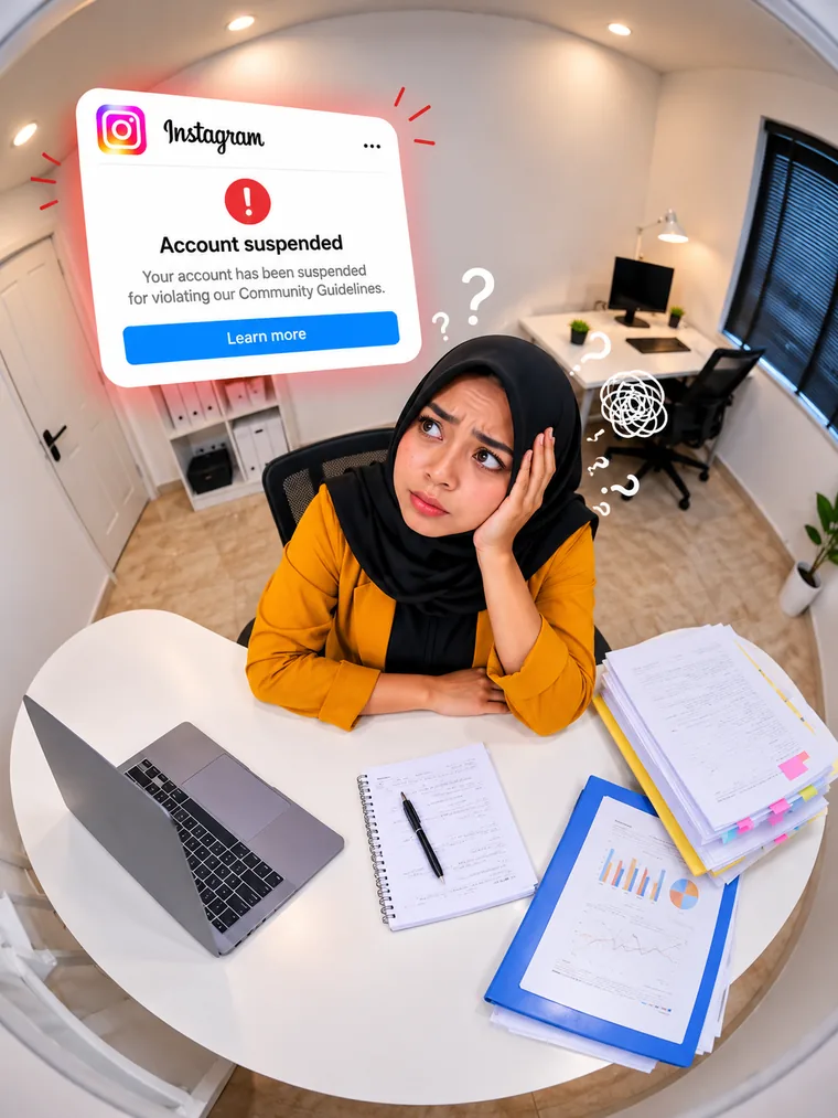 A marketer at her desk looking up at an Instagram notice that her account has been suspended, surrounded by question marks.
